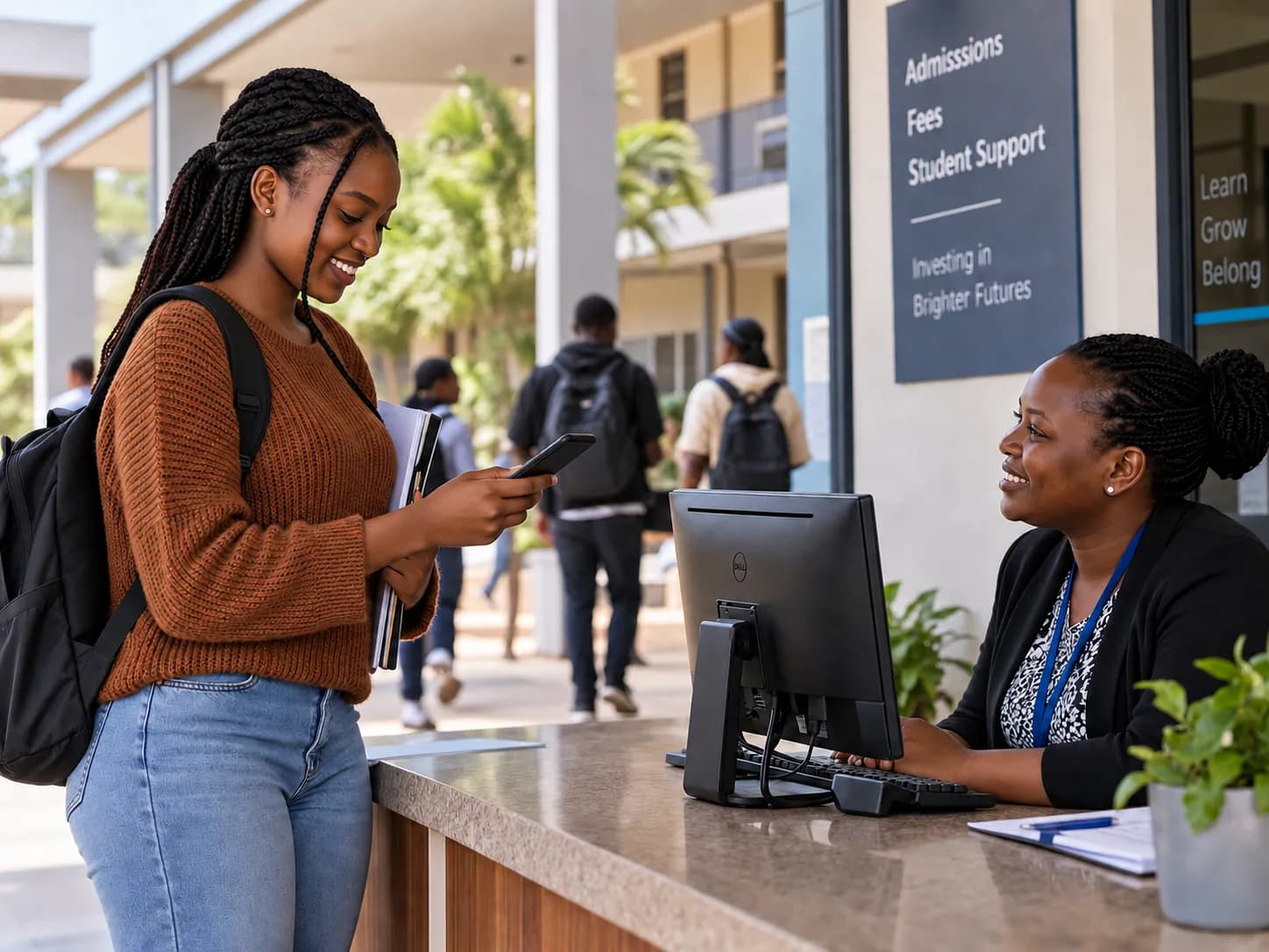 A student paying fees on her phone at a university admissions and fees desk.