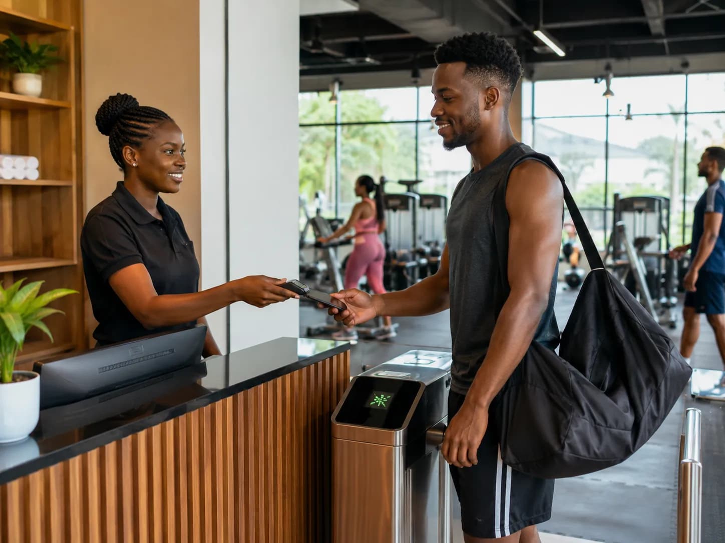 A gym front-desk staff member checking in a member with a handheld payment device.